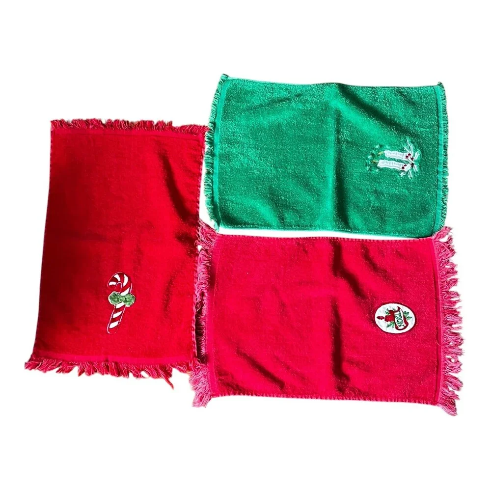 Lot Of 3 VTG Martex Cannon Xmas Red Green Fingertip Bathroom Cotton Hand Towels